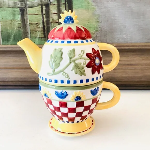 Vintage Hand Painted Tea-For-One 4 Ps Tea Pot Set County Cottage Floral Colorful